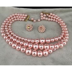 Vintage Faux Pearl Layered Necklace Clip On Earrings Set Pink 14"